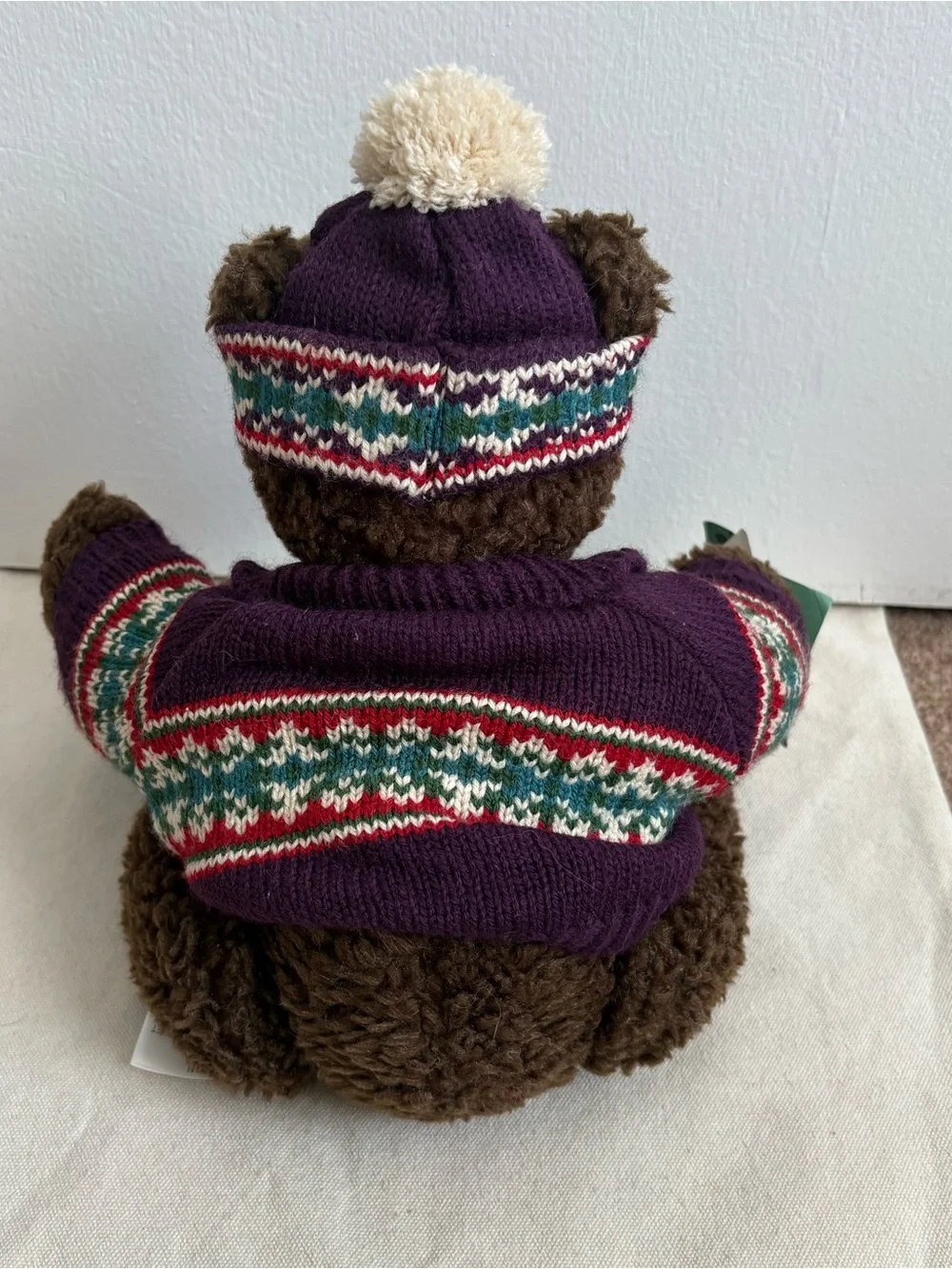 VTG Wally Brown Plush Teddy Bear w/ Purple Knit Sweater & Pom Pom Hat NWT